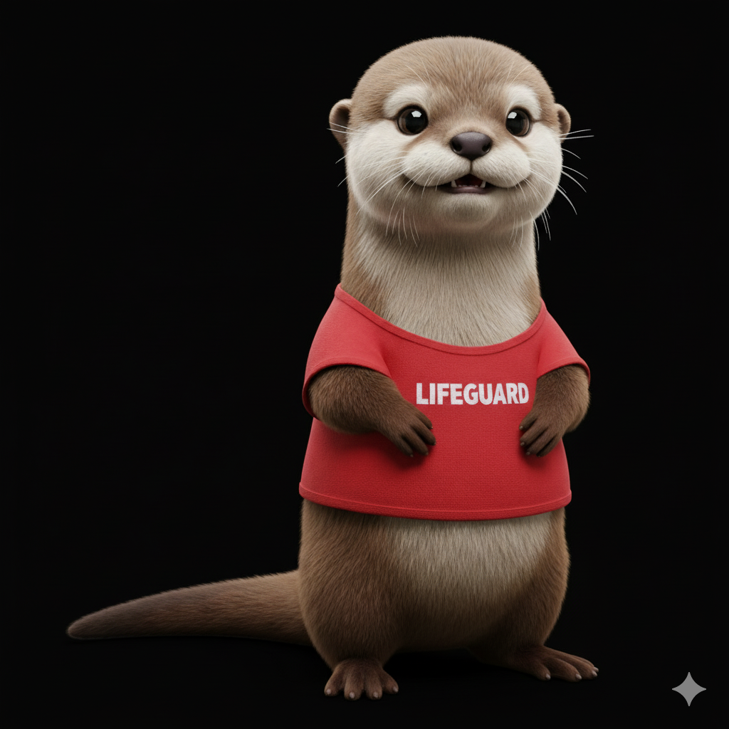 Otty, a fun lifeguard otter at the beach